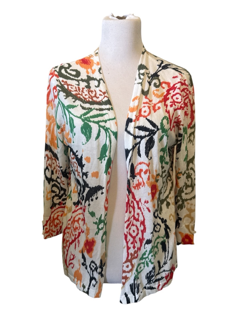 Chicos Open Front Cardigan Sweater Multicolor Floral Print 3/4 Sleeves Sz M